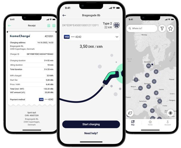 HomeCharge app med 3 skærmbilleder, front